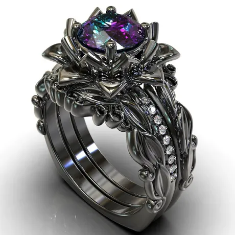 bs3_64_836264164889.jpg Octagon Rose Cut Black Floral Vine Ring Set 2PCS - 图片 1