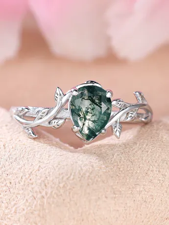 na_141_964545852717.jpg Black Leaf Vine Pear Shaped Moss Agate Engagement Ring - 图片 1