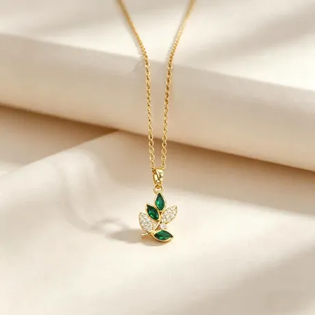 na_150_1054861344620.jpg Gold Lotus Necklace With Marquise Moss Agate - 图片 1