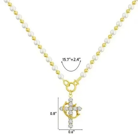 na_260_1009889577711.jpg Gold Pearl Chain Cross And Crown Necklace - 图片 1