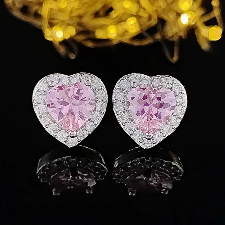 na_28_856854661787.jpg Pink Heart Pave Halo Stud Earrings Sterling Silver - 图片 1