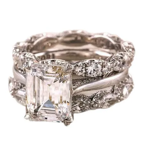 na_38_1001835670115.jpg Vintage Milgrain Emerald Cut Engagement Ring Set - 图片 1