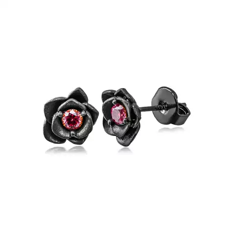 na_40_818244890249.jpg Gothic Black Rose Flower Stud Earrings With Red Stone - 图片 1