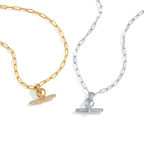 nk2_69_1043262209072.jpg "Andy" Style Gold Pave Paperclip Chain T-Bar Necklace - 图片 1