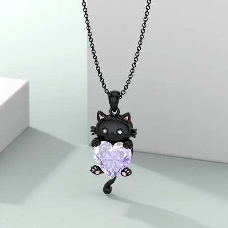 nk4_136_1050995915184.jpg Hug Me Black Cat Necklace With Pink Heart Stone - 图片 1