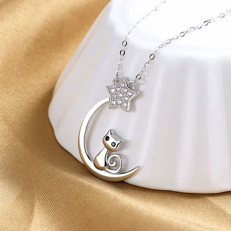 nk7_263_652265807090.jpg Classic Moon And Star Cat Necklace Sterling Silver - 图片 1