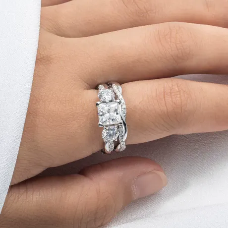 p05_986512384544.jpg Three Stone Princess Cut Ring Set Twist Design Sterling Silver - 图片 1