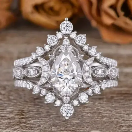 wd8_234_1004151265388.jpg Vintage Crown Scrollwork Oval Engagement Ring Set - 图片 1