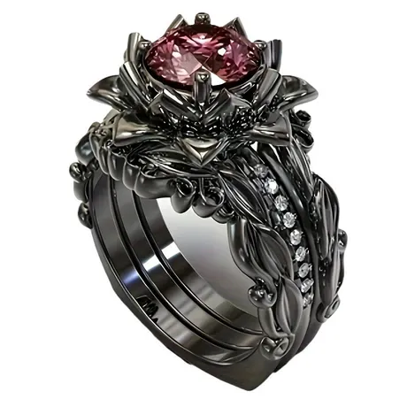 wd9_246_836264164889.jpg Women's Black Intertwined Leaves Lotus Ring Set - 图片 1