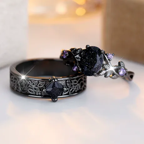 wd9_249_1072951966677.jpg Romantic Gothic Black Nature-Inspired Couple Ring Set - 图片 1