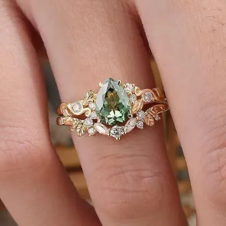wd9_267_909245349559.jpg Gold Leaf Kite Cut Moss Agate Engagement Ring - 图片 1