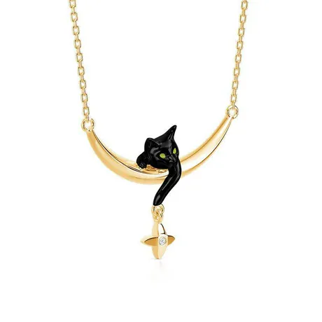 nk10_381_1006681255621.jpg Black Cat & Crescent Moon Sterling Silver Necklace - 图片 1