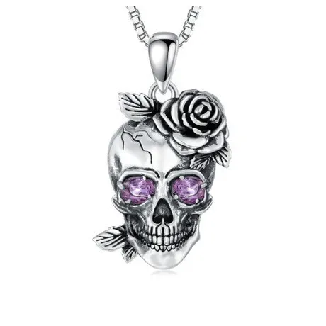 nk11_408_933498199749.jpg "Forever Romance" Skull And Rose Flower Sterling Silver Necklace - 图片 1