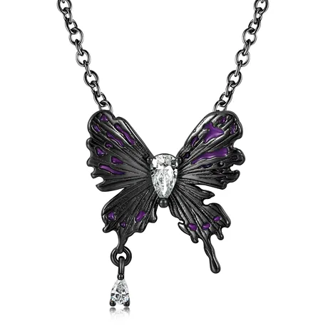 nk11_409_732903563796.jpg "Night Wings" Dark Black Butterfly Pear Cut Sterling Silver Necklace - 图片 1